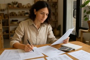 “Small business owner reviewing tax documents and W-9 forms at desk - GetW9”