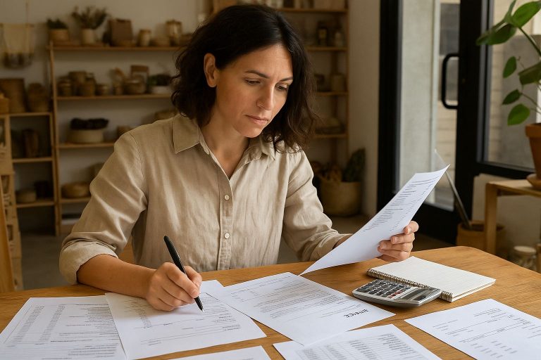 “Small business owner reviewing tax documents and W-9 forms at desk - GetW9”