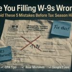 Crumpled W-9 form with TIN error highlighted and sticky notes saying 'IRS returned' and 'Fix this' warning about common W-9 mistakes.