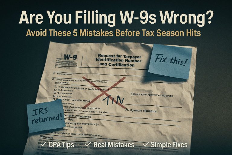 Crumpled W-9 form with TIN error highlighted and sticky notes saying 'IRS returned' and 'Fix this' warning about common W-9 mistakes.