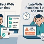 “Visual comparison showing benefits of collecting W-9 forms on time versus risks of late W-9 collection including IRS penalties, stress, and compliance issues”