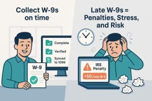 “Visual comparison showing benefits of collecting W-9 forms on time versus risks of late W-9 collection including IRS penalties, stress, and compliance issues”