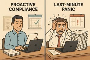 Landlord proactive W-9 compliance vs last-minute tax season panic cartoon illustration