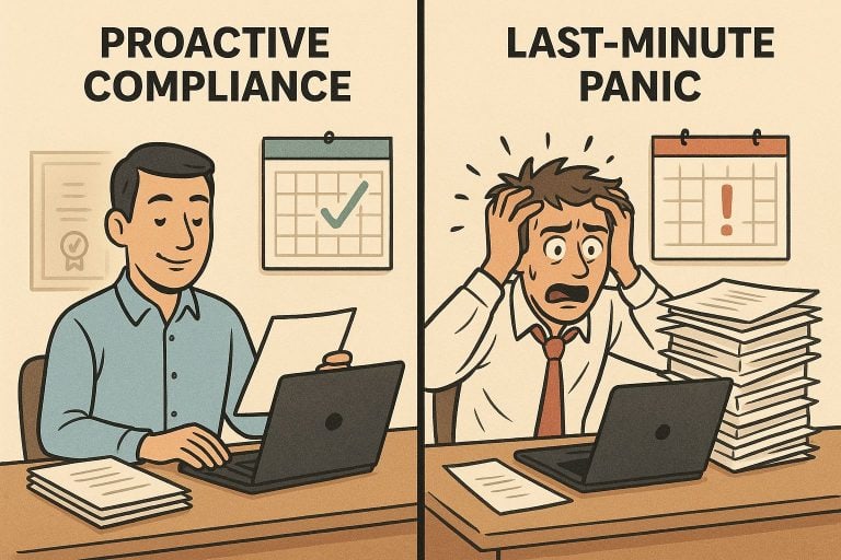 Landlord proactive W-9 compliance vs last-minute tax season panic cartoon illustration