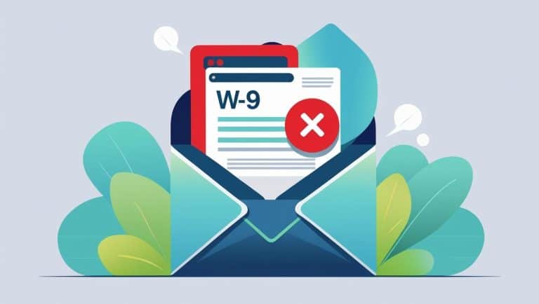 Illustration of W-9 form with red error symbol inside an email envelope representing insecure tax data sharing
