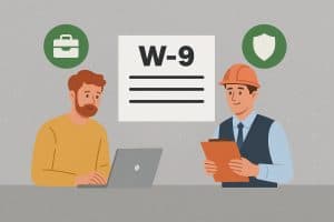 Illustration comparing a freelancer and a contractor reviewing a W-9 form. The freelancer is working on a laptop while the contractor holds a clipboard. Icons above them represent professional roles and compliance.