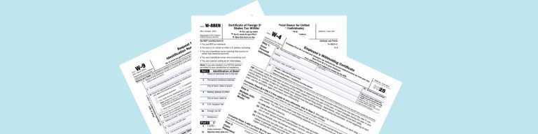 “W-9, W-8BEN, and W-4 IRS tax forms fanned out on a light blue background, visually comparing the documents used for U.S. contractors, foreign entities, and employees.”