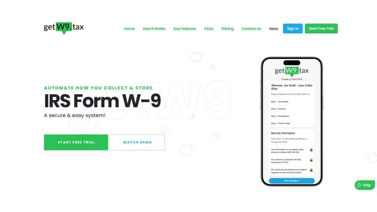 GetW9 dashboard showing automated IRS Form W-9 collection process with Start Free Trial button