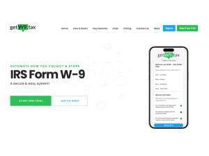 GetW9 dashboard showing automated IRS Form W-9 collection process with Start Free Trial button
