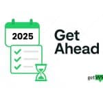 Green calendar with “2025,” checklist, and hourglass icon representing early W-9 tax season preparation — GetW9 branding.