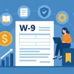 Illustration of a W-9 form with financial icons, a woman working on a laptop, and symbols for compliance, security, and automation.