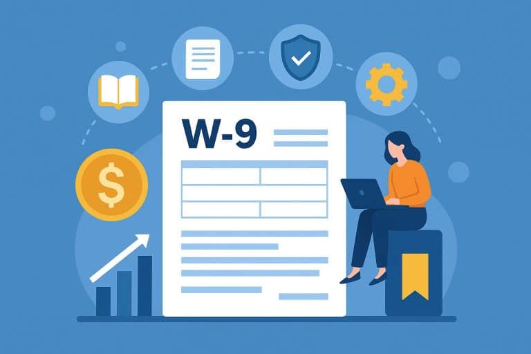 Illustration of a W-9 form with financial icons, a woman working on a laptop, and symbols for compliance, security, and automation.