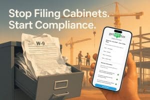 Crumpled paper W-9 in a filing cabinet beside a phone showing “Request W-9” on a construction site with cranes.