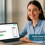 Accounting firm professional using GetW9 on a laptop to automate vendor W-9s with audit-ready status and QuickBooks sync.