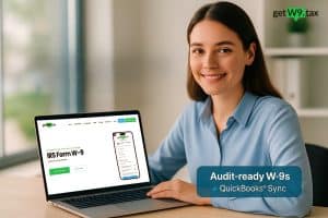 Accounting firm professional using GetW9 on a laptop to automate vendor W-9s with audit-ready status and QuickBooks sync.