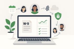 Illustration of a laptop showing a W-9 document dashboard with automation icons for reminders, cloud storage, security, and creator profiles.