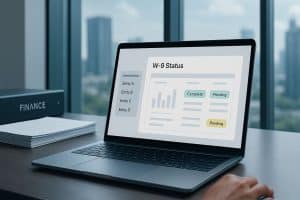 Laptop showing a W-9 status dashboard for financial advisors with Complete and Pending badges.