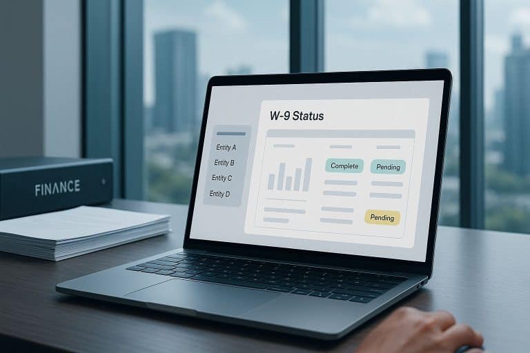 Laptop showing a W-9 status dashboard for financial advisors with Complete and Pending badges.