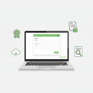 Digital illustration of a laptop displaying an IRS Form W-9 surrounded by compliance icons like checkmarks and secure lock, representing tax automation by GetW9.