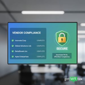 Digital dashboard showing automated W-9 collection with vendor forms marked complete and secure lock icon — representing compliance and simplicity with GetW9.