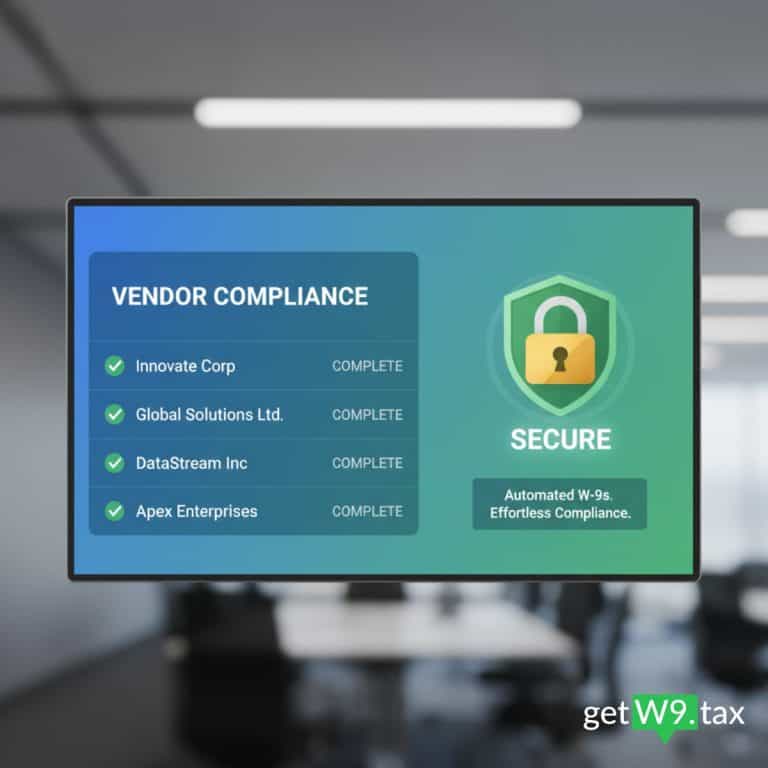 Digital dashboard showing automated W-9 collection with vendor forms marked complete and secure lock icon — representing compliance and simplicity with GetW9.