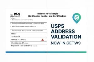 “Split-screen graphic showing a W-9 form with an address error on the left and a validated form with a green USPS checkmark on the right. Text reads ‘USPS Address Validation Now in GetW9’ with a blue-green gradient accent bar.”