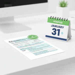 Verified W-9 with matching name/TIN and USPS-standardized address, highlighted for 1099 season deadline January 31.