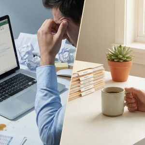 A split-screen image contrasting a stressed worker and a calm workspace. On the left, a man in a blue shirt holds his head in his hands, surrounded by crumpled papers, a spilled coffee mug, and a laptop displaying a spreadsheet. On the right, a tidy desk features a stack of labeled file folders, a small succulent in a terracotta pot, and a hand holding a ceramic coffee mug near a window.