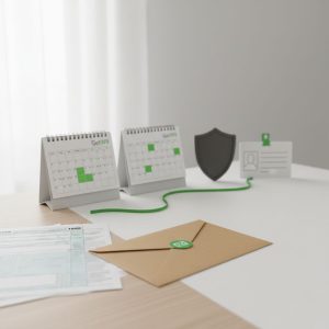 A clean, sunlit office desk displaying items that suggest a tax compliance process: a sealed kraft envelope, a stack of blurred 1099-style forms, two desk calendars with highlighted dates connected by a green ribbon, a matte shield figurine, and a blank ID card prop.