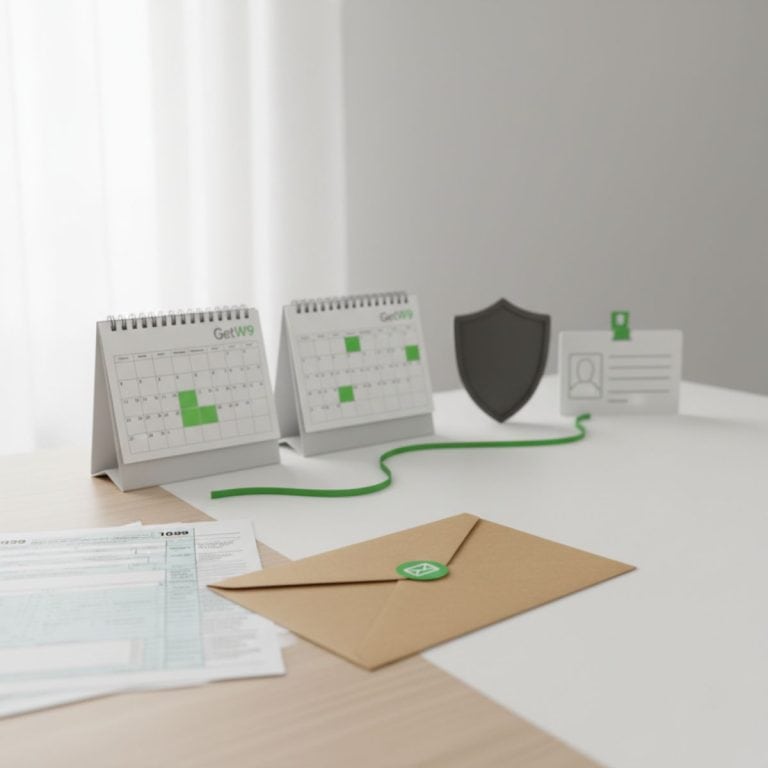 A clean, sunlit office desk displaying items that suggest a tax compliance process: a sealed kraft envelope, a stack of blurred 1099-style forms, two desk calendars with highlighted dates connected by a green ribbon, a matte shield figurine, and a blank ID card prop.