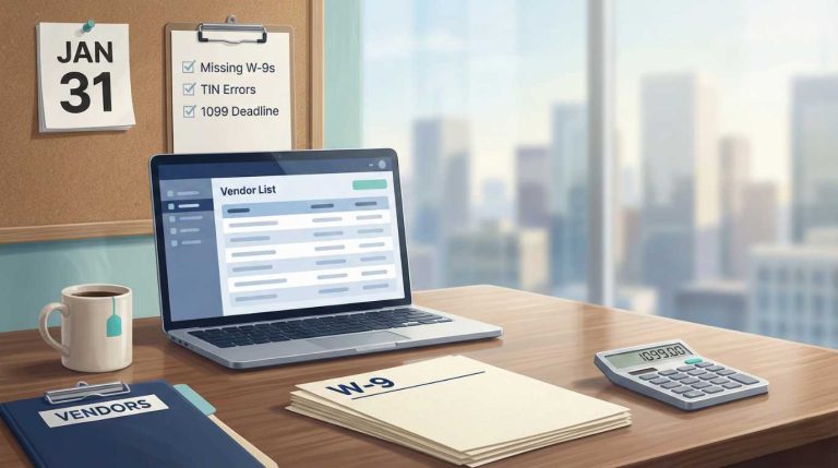 Finance team reviewing vendor W-9 status before the Jan 31 1099 deadline