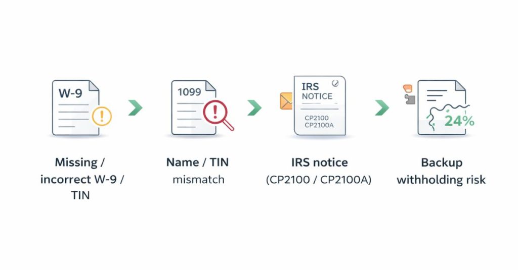 Flow diagram showing how missing or incorrect W-9 or TIN information leads to a name-TIN mismatch, triggers an IRS CP2100 or CP2100A notice, and results in backup withholding risk at 24 percent.