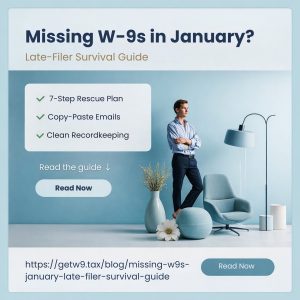 Illustration of an overwhelmed accounts payable manager surrounded by W-9 forms and reminders, representing the challenge of missing W-9s in January and late 1099 preparation.