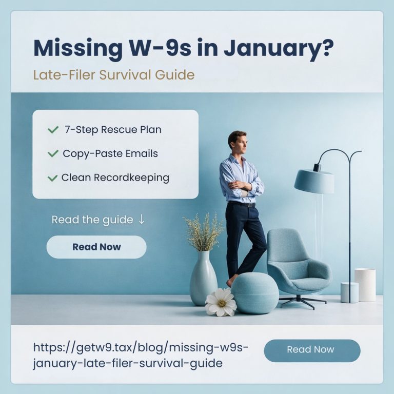 Illustration of an overwhelmed accounts payable manager surrounded by W-9 forms and reminders, representing the challenge of missing W-9s in January and late 1099 preparation.