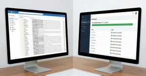 Inbox full of W-9 reminder emails contrasted with a clean dashboard showing automated W-9 collection status