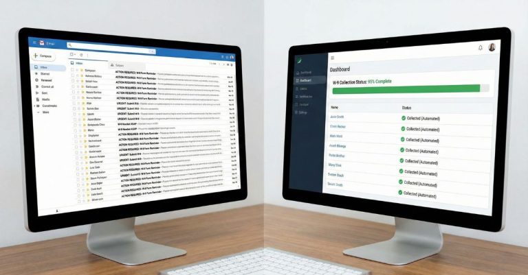 Inbox full of W-9 reminder emails contrasted with a clean dashboard showing automated W-9 collection status