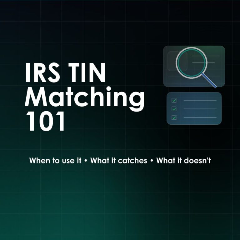 IRS TIN Matching 101 graphic with magnifying glass and checklist icons for validating vendor name and TIN before filing 1099s.