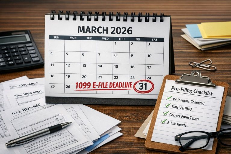 Calendar marked March 31, 2026 for the 1099 e-file deadline with vendor tax documents and checklist on desk