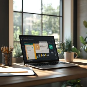 Laptop on an office desk displaying a vendor management dashboard for secure W-9 storage and access control.