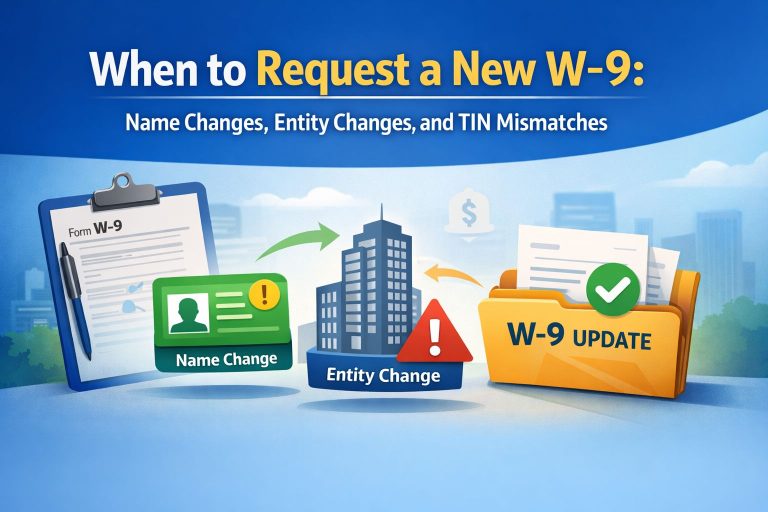 When to request a new W-9 feature image showing a W-9 form, vendor record updates, and icons for name changes, entity changes, and TIN mismatches.