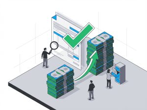 Isometric illustration of an accounts payable desk with a stylized tax form bearing a green checkmark, two stacks of dollar bills connected by an upward arrow representing the threshold increase from 600 to 2000 dollars, a figure examining the form with a magnifying glass, and another filing documents into a cabinet