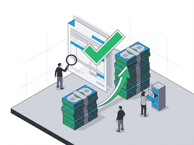 Isometric illustration of an accounts payable desk with a stylized tax form bearing a green checkmark, two stacks of dollar bills connected by an upward arrow representing the threshold increase from 600 to 2000 dollars, a figure examining the form with a magnifying glass, and another filing documents into a cabinet
