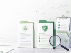 Modern compliance illustration showing two vendor tax document folders, one with a warning symbol and one with a verification shield, representing First B Notice vs Second B Notice.
