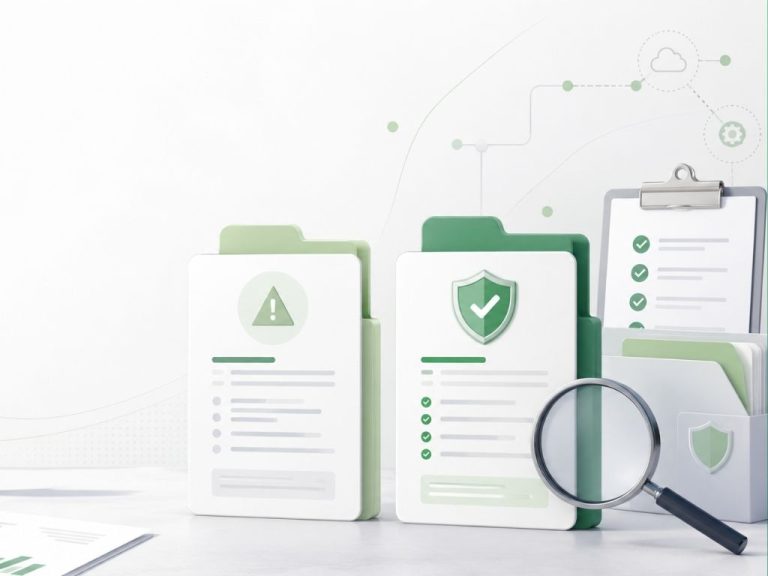 Modern compliance illustration showing two vendor tax document folders, one with a warning symbol and one with a verification shield, representing First B Notice vs Second B Notice.