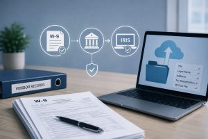 Clean office desk with W-9 form, vendor records binder, and digital checklist showing TIN, legal name, address, tax classification, and W-9 status for IRIS filing readiness.