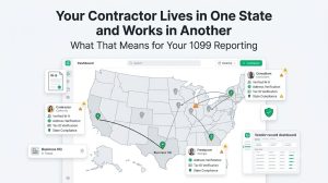 Map showing multi-state contractors working across different states with W-9 verification, address validation, and 1099 reporting compliance requirements for businesses hiring remote contractors.