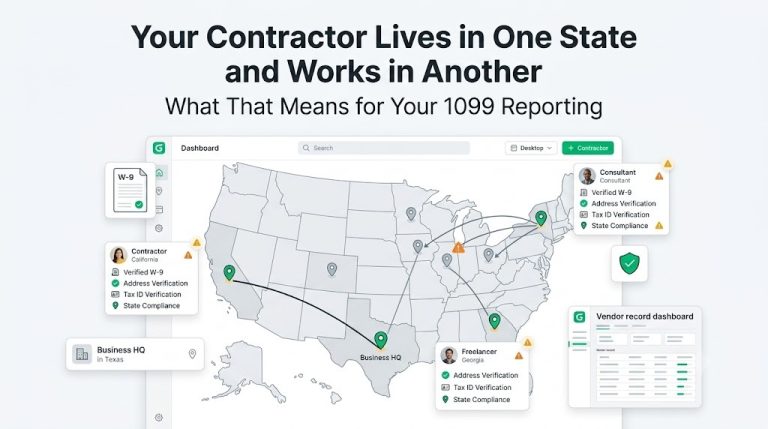 Map showing multi-state contractors working across different states with W-9 verification, address validation, and 1099 reporting compliance requirements for businesses hiring remote contractors.