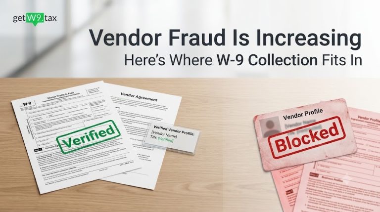 Vendor fraud prevention illustration showing a verified W-9 vendor profile beside a blocked fraudulent vendor profile, highlighting the role of W-9 collection and vendor verification in reducing payment fraud risk.