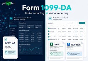 Form 1099-DA broker reporting compared with W-9 and 1099-NEC vendor-payment reporting.