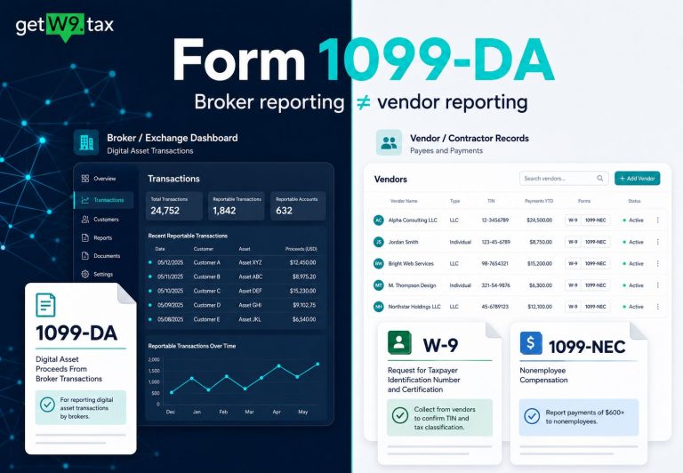 Form 1099-DA broker reporting compared with W-9 and 1099-NEC vendor-payment reporting.